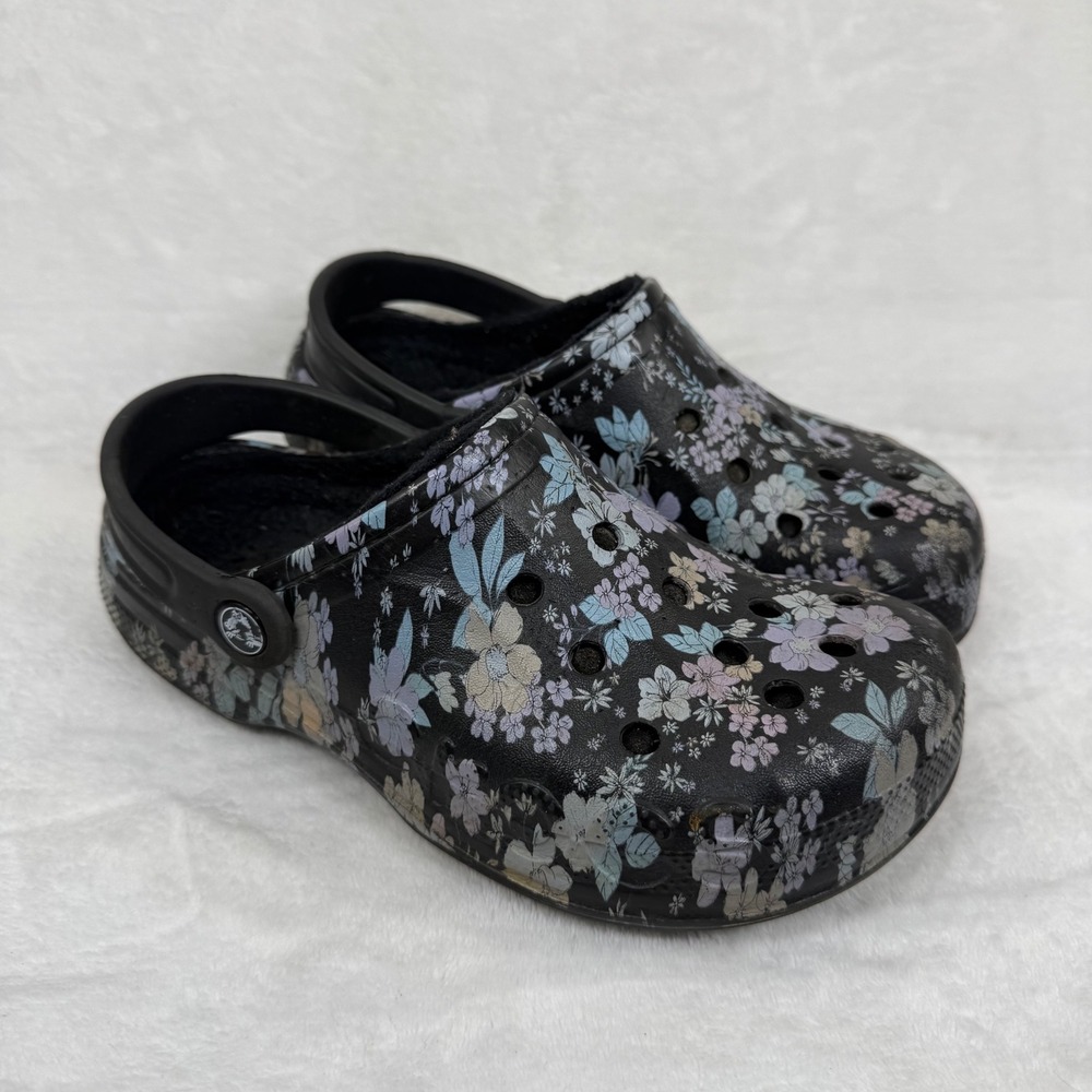 Crocs Classic Lined Clog Black Floral Faux Fur Fleece M5 W7 205975 Slip On Shoes